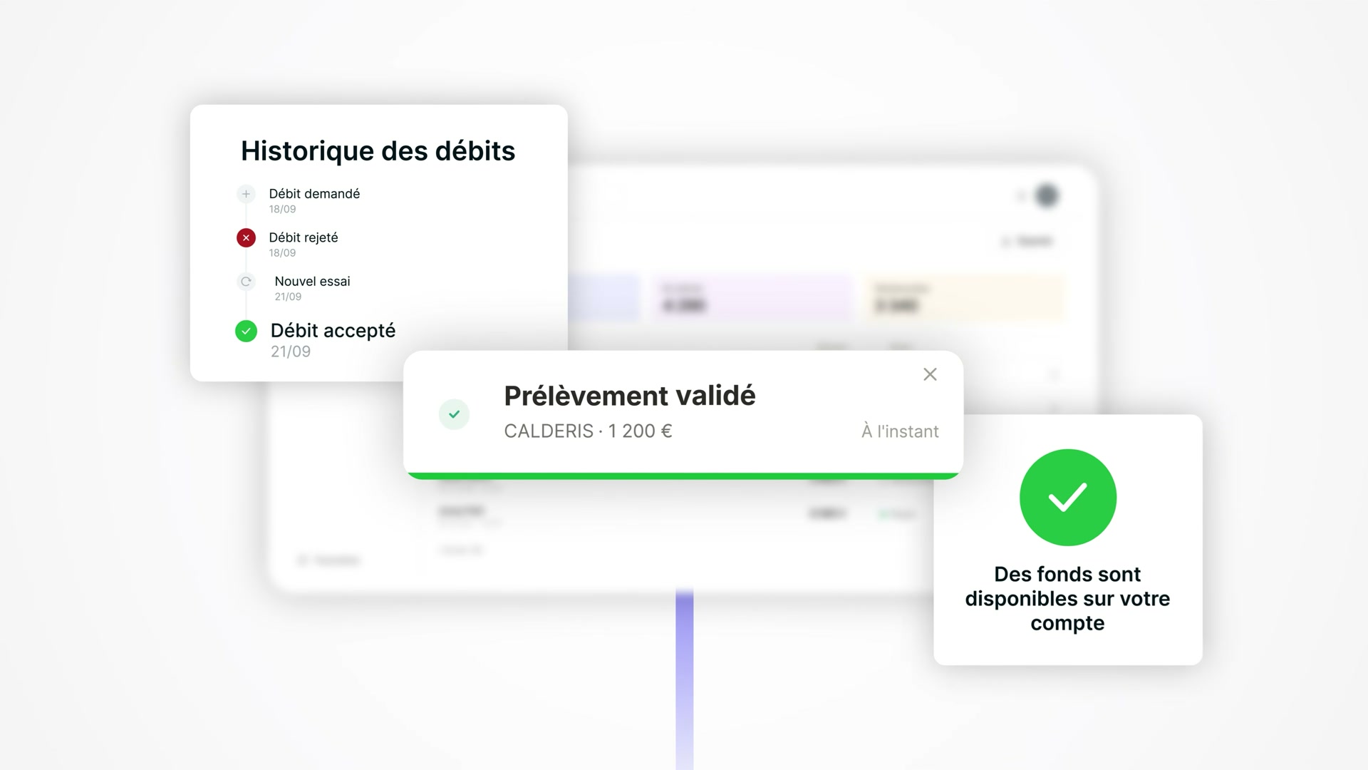 Notification de prélèvement validé et historique des débits dans l'interface Memo Bank